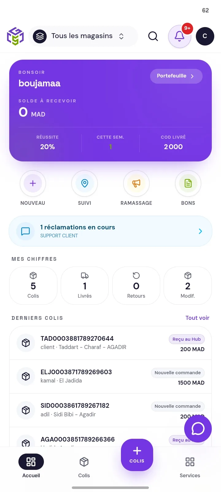 Application MSALOG — tableau de bord client avec suivi des colis